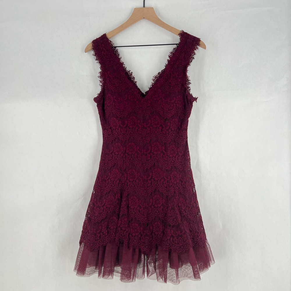 Betsy &‎ Adam Lace Overlay Tulle Mini Dress Womens 4 Burgundy Fit & Flare